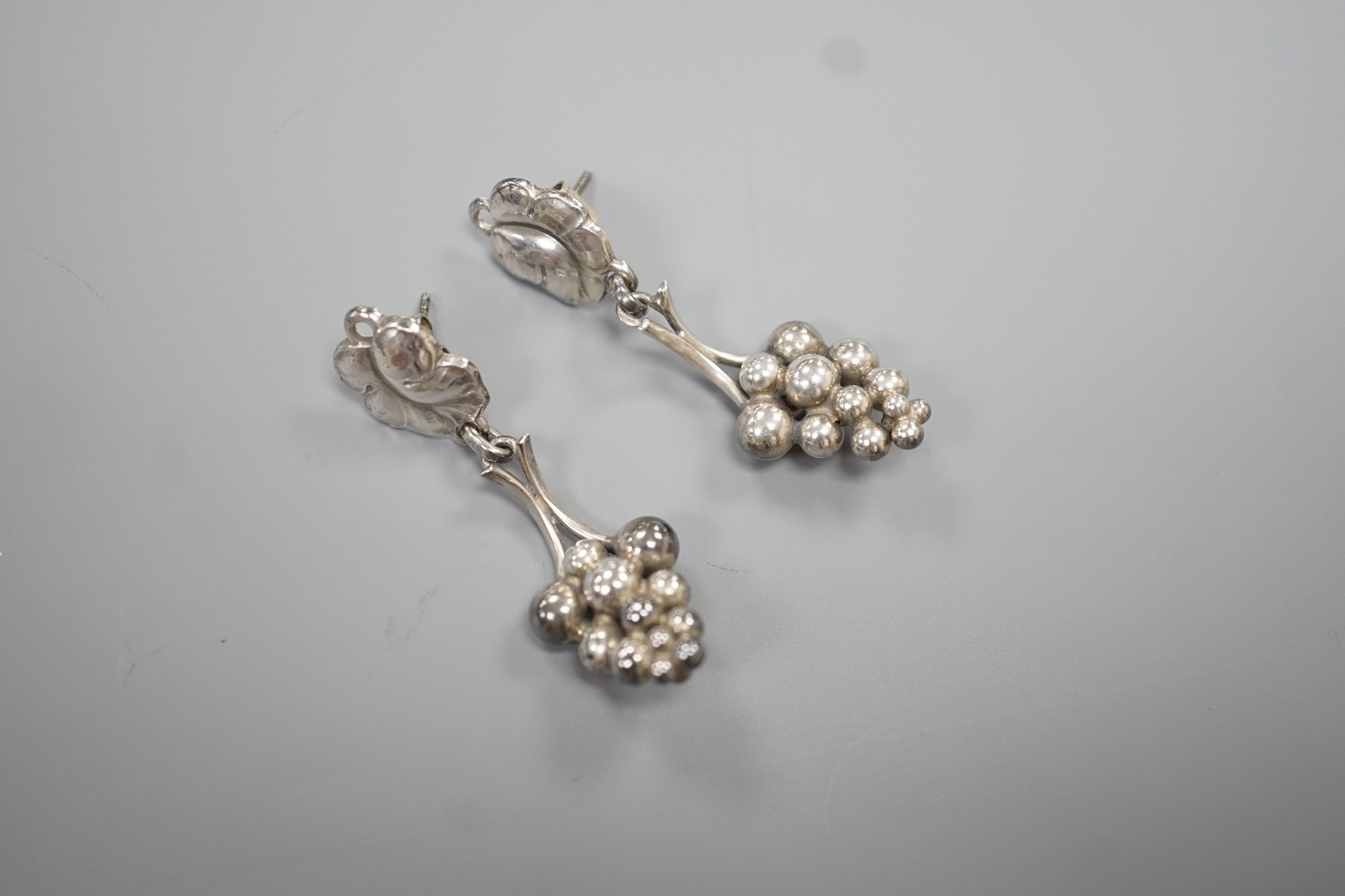 A pair of Georg Jensen sterling 'bunch of grapes' drop earrings, no.40, 46mm